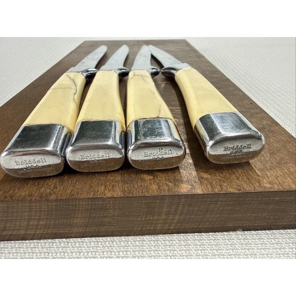 Set of 4 Vintage Briddell Steak Knifes Cream Handle MCM Kitchen w/ knife caddy